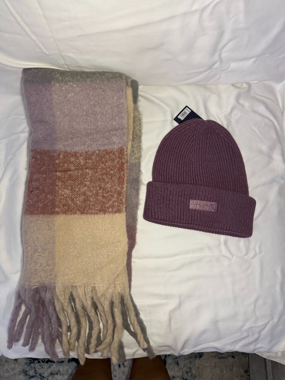 Women’s Purple Beanie & Plaid Oversized Scarf Winter Set NWT